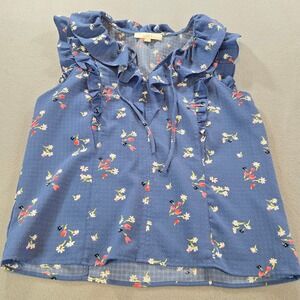 LOFT Floral Sleeveless Top Womens Small Blue Ruffle Neck Tie Front Dobby Blouse